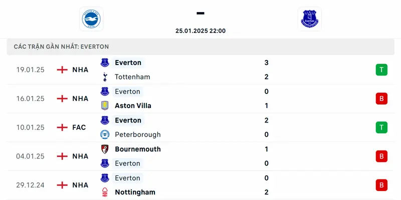 Soi Kèo Brighton Vs Everton - 22h 25/1/2025 Vòng 23 NHA 3 Thành tích của Everton